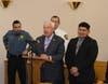 Somerset County Prosecutor John P. McDonald introduces Christopher Monrroy, Somerset County Police Scholarship recipient who will join the Watchung Police Department after successfully completing his training at the police academy.