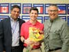 Roosevelt Intermediate School science teacher Andrew Bausch pictured with Roosevelt principal Brian Gechtman (left) and Superintendent Dr. Raymond González.