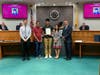 Pictured: Superintendent Michael Volpe, Arnav Jain and his family, and Mayor Shawn Lipani