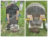 Alex Jaakobs used epoxy and mortar to repair broken tombstones at the Mill Lane Cemetery this past weekend.