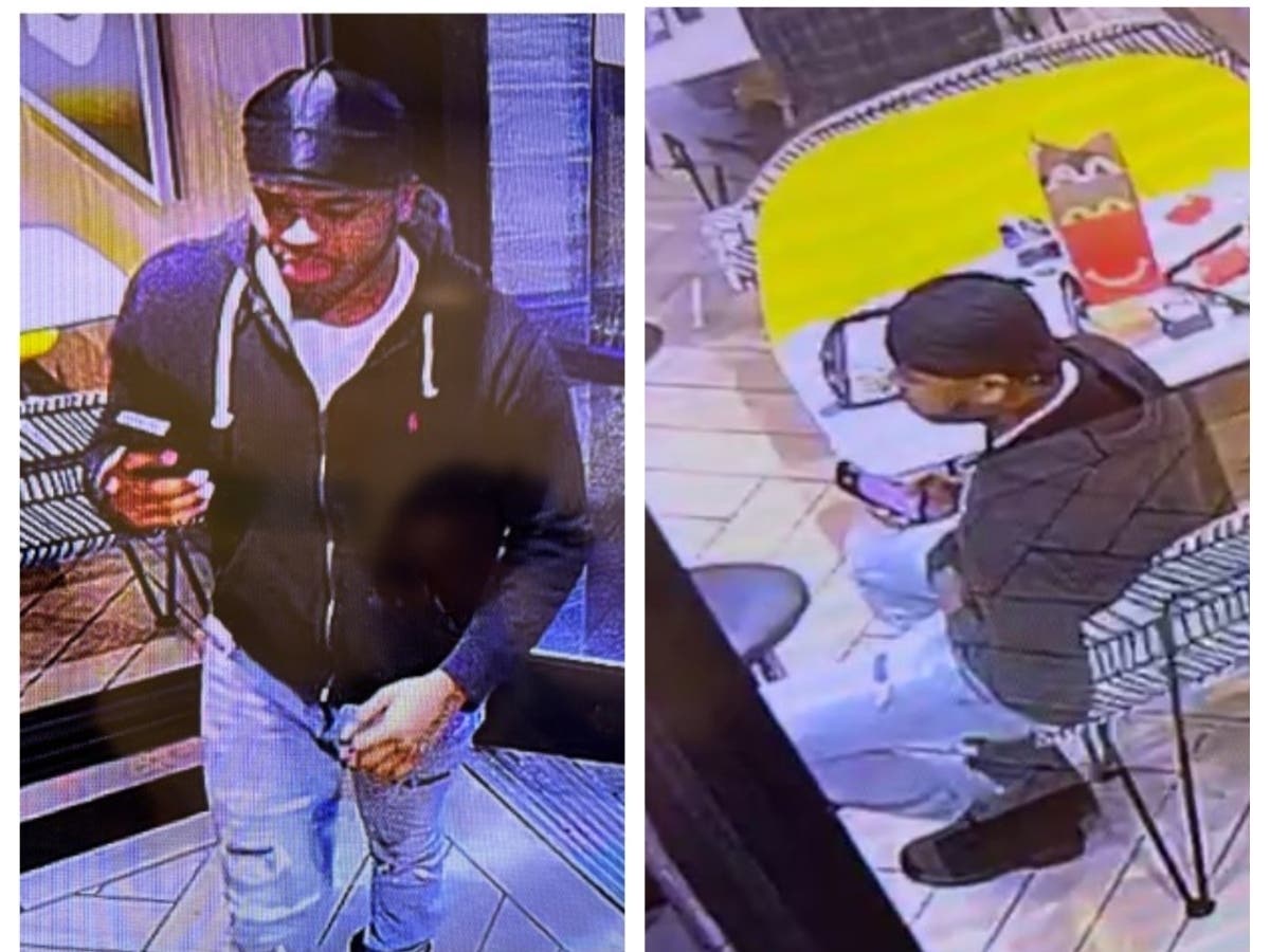 The suspect wore a Ralph Lauren hooded sweatshirt, a black head wrap, ripped-blued jeans, and black boots.