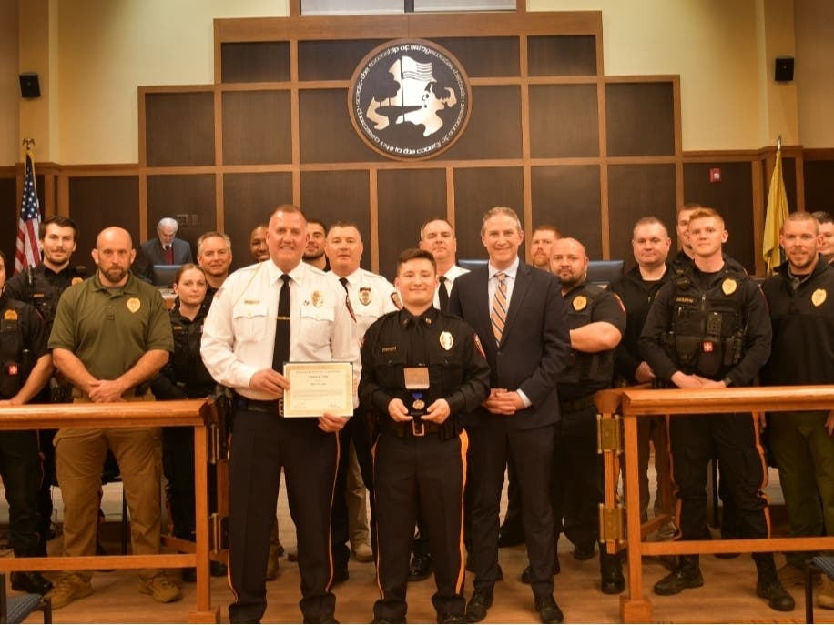 Officer Noah Allatt with the Bridgewater Police Department at the March 20 Township Council meeting.