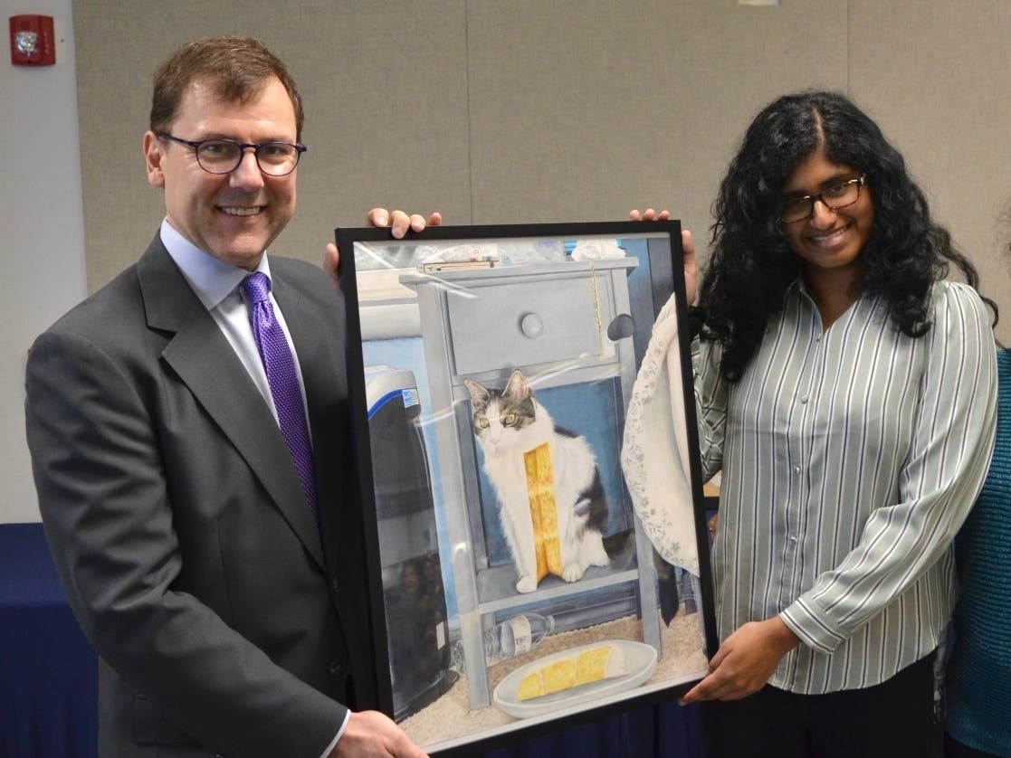 Congressman Kean with Parinita Chandrashekar of Bridgewater-Raritan High School, the NJ-07 winner of the 2025 Congressional Art Competition, for her drawing “Cutting Through Reality.”