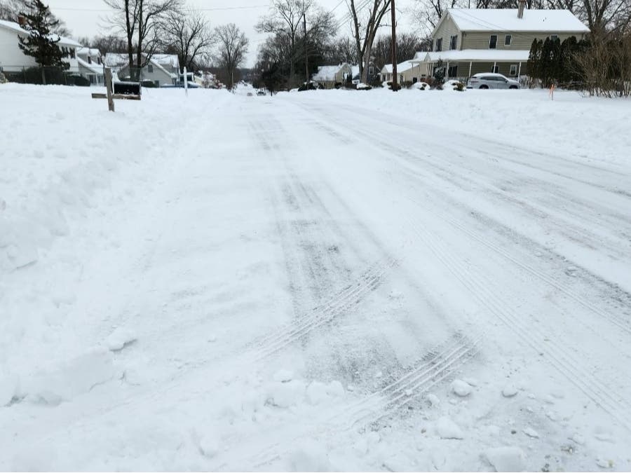 A snow-covered roadway in Bridgewater on Monday.