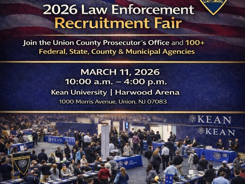 The Union County Prosecutor’s Office, in partnership with Kean University, will host its annual recruitment event for justice and public safety careers on Wednesday, March 11.