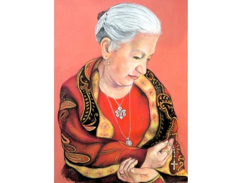 The pastel work titled “Prayer Warrior” by Mary Ann Imbriaco (Hillside) was awarded Best in Show by a Professional Artist.