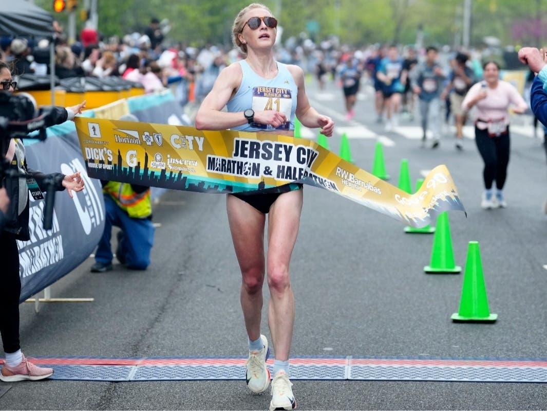 Branchburg resident Hannah McGovern, running her first-ever marathon, was the first female finisher in the 2026 Jersey City Marathon.