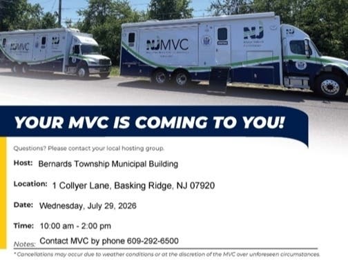 Bernards Township will be hosting a New Jersey Motor Vehicle Commission (NJMVC) mobile unit at town hall on Wednesday, July 29.
