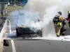 A pickup truck carrying pesticides caught fire on a Route 22 exit ramp in Bridgewater on Thursday, said police.