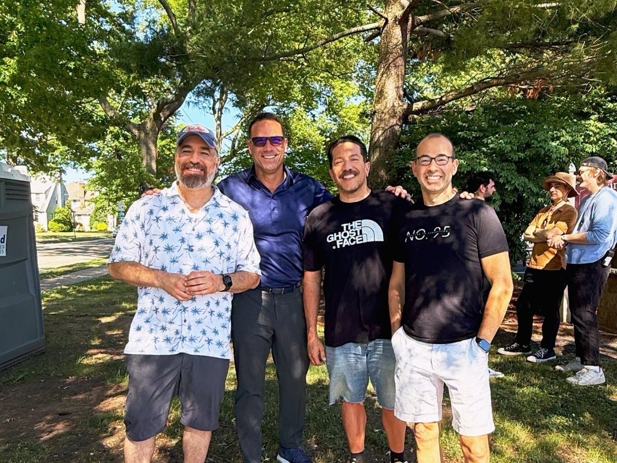 Rahway Mayor Raymond A. Giacobbe with Impractical Jokers cast Brian "Q" Quinn, James "Murr" Murray, and Sal Vulcano.
