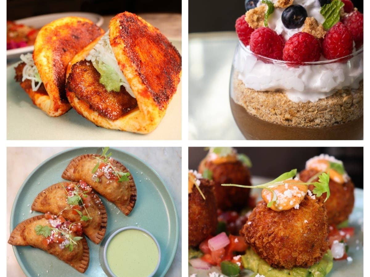 Clockwise from top left: Bao Bun Pambazos, Avocado Chocolate Mousse, Maize Croquettes, and Chicken Bacon and Corn Empanadas.