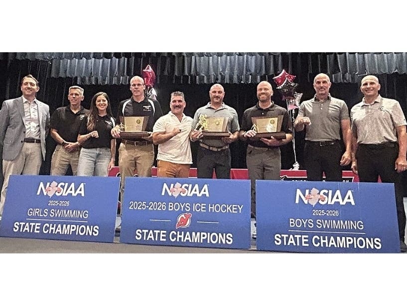 Bridgewater-Raritan High School honored three state championship teams on Monday after a winter season that brought a rare sweep of titles in boys swimming, girls swimming and ice hockey during the 2025-2026 school year.