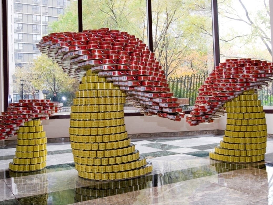 Three local businesses will construct sculptures from Goya Foods canned goods similar to those above.