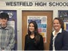 Westfield High School 12th graders Alexander Stepanov and Emma Simpson have been named 2027 National Merit Semifinalists. Pictured here with WHS Principal Mary Asfendis.