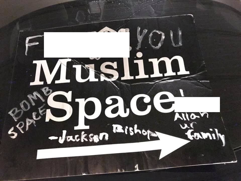 Austin chapter of Council on American-Islamic Relations provided an image of a defaced sign during a religious event.