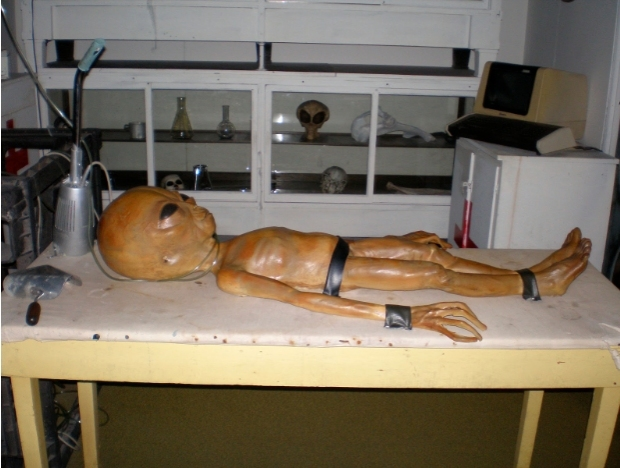 What appears to be an alien being at an examination table while dead or at rest, we don't really want to know.