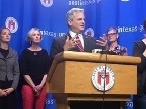 Flanked by city officials on March 6, Austin Mayor Steve Adler announces the cancellation of SXSW amid coronavirus fears.