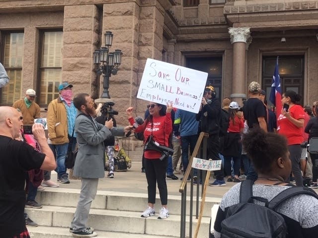 People gathered at the state Capitol on Saturday, April 18, 2020, demanding the state economy be reopened.
