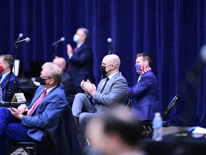 State Representative Chris Bos (R-Lake Zurich) on the makeshift House floor at the Bank of Springfield Center on January 13, 2021. 