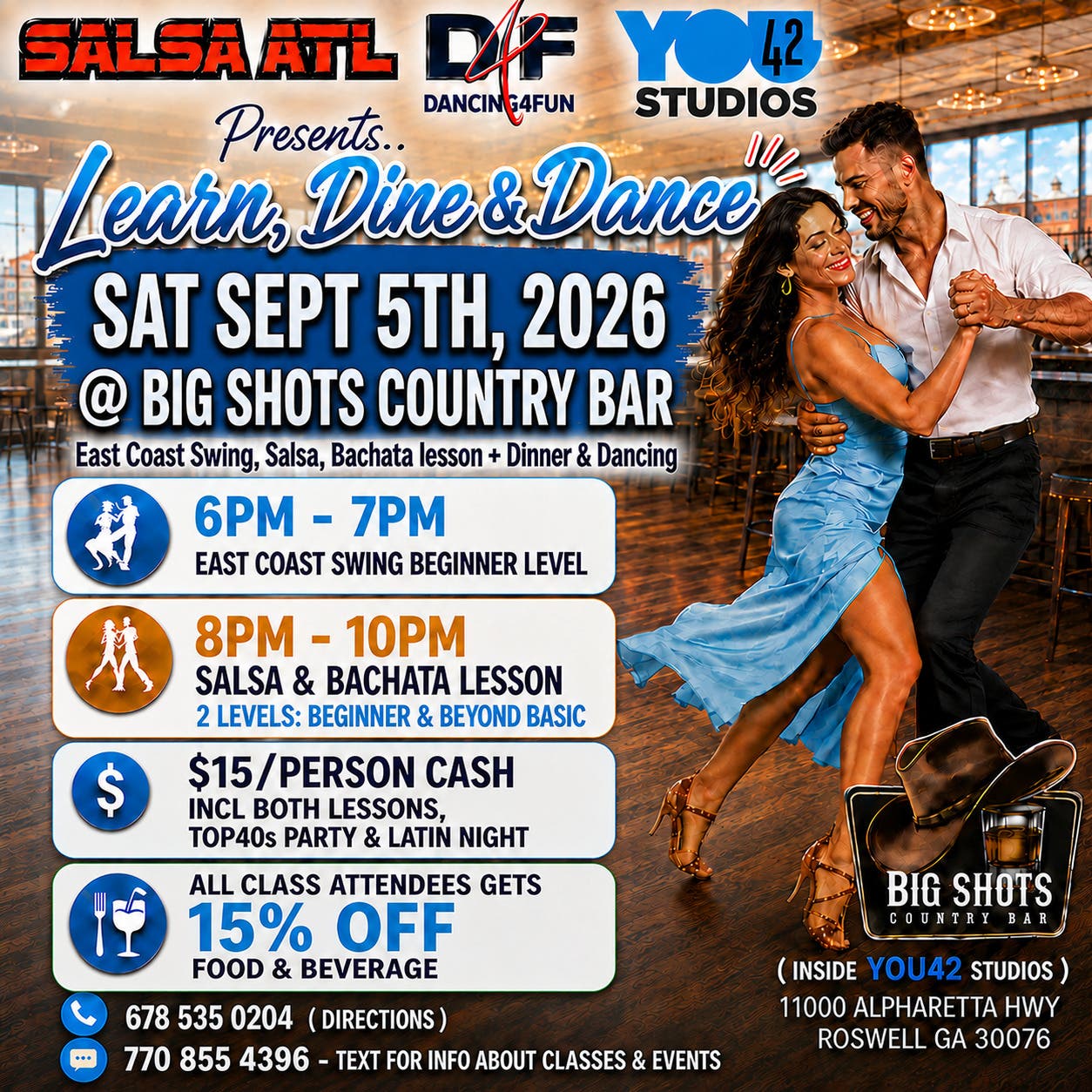 East Coast Swing, Salsa & Bachata Lesson @ BigShots Country Bar