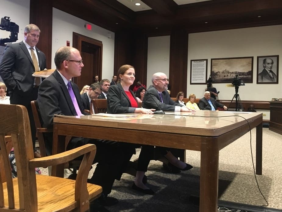 Sen. Jason Lewis, Melrose Board of Aldermen President Jennifer Lemmerman, and Rep. Paul Brodeur Tuesday.