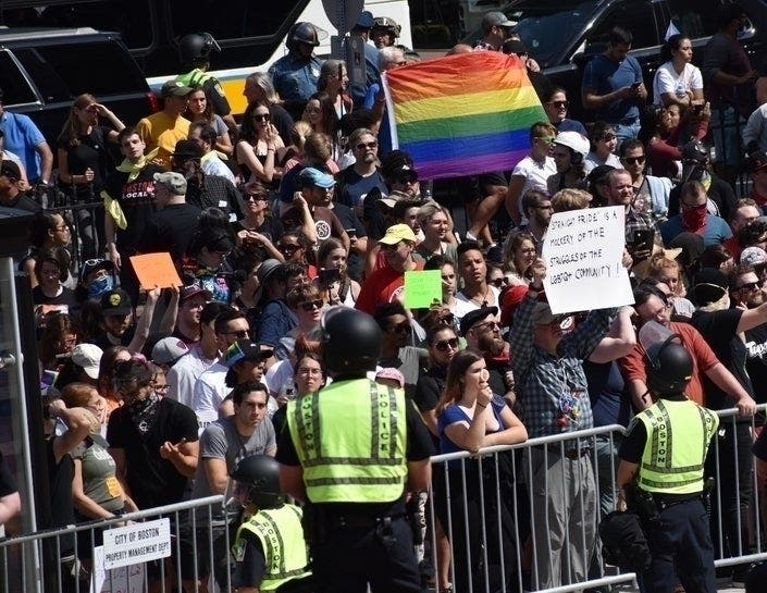 Saturday's Straight Pride parade (pictured) brought more protesters than participants. Suffolk County District Attorney Rachael Rollins said a judge punished protesters for exercising free speech.