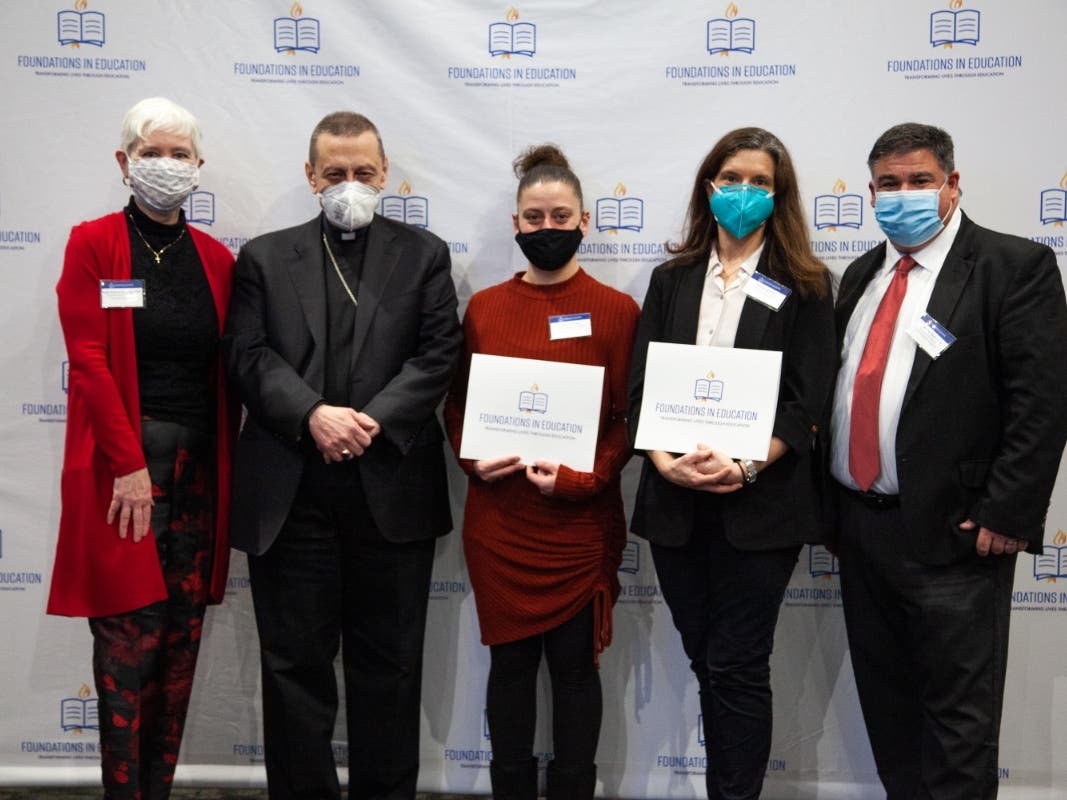 left to right: Foundations' Executive Director Holly Doherty-Lemoine, Bishop Frank J. Caggiano, Sarah Carrano, Melissa Warner, Superintendent of Schools Dr. Steven Cheeseman