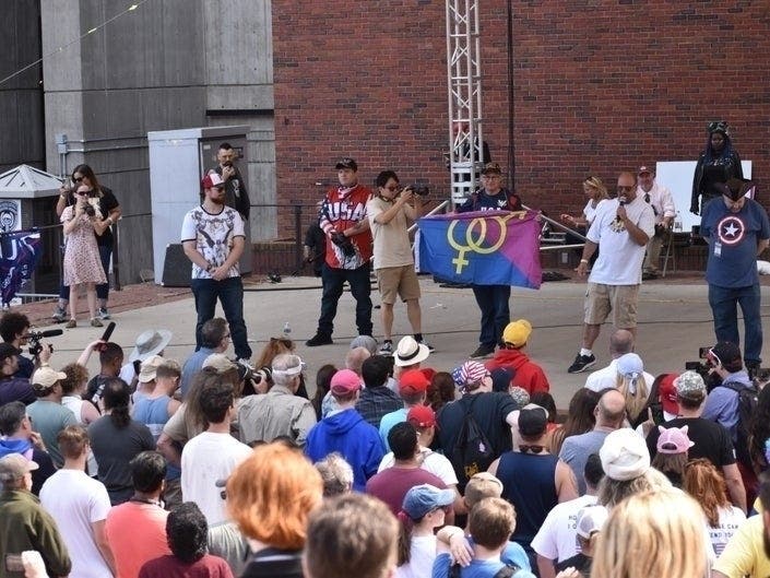 Organizers of the Straight Pride Parade hold a rally at Boston City Hall Aug. 31.