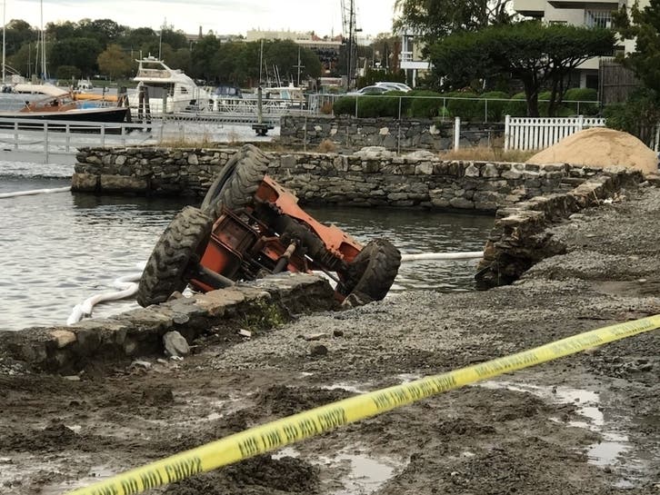 Forklift Topples Into Greenwich Harbor After Seawall Collapses 