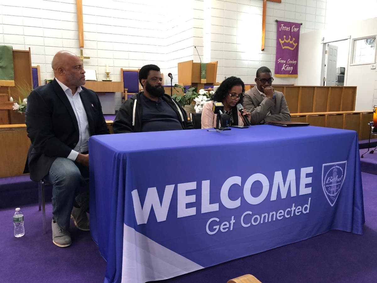 (L-R) Stamford NAACP Executive Committee Member Guy Fortt​, Steven Barrier Sr., Valerie Jaddo​ and Reverend Robert Jackson speak during a news conference on Oct. 25, 2019.