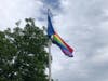 The Pride flag is raised outside City Hall in Norwalk during a ceremony held Thursday afternoon.