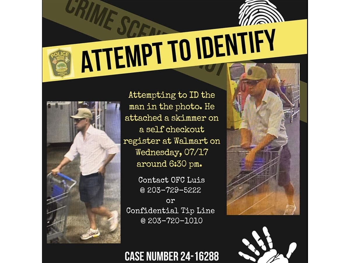 Police are asking for the public's help identifying a man accused of placing a skimming device on a self-checkout register at a Walmart in Naugatuck.
