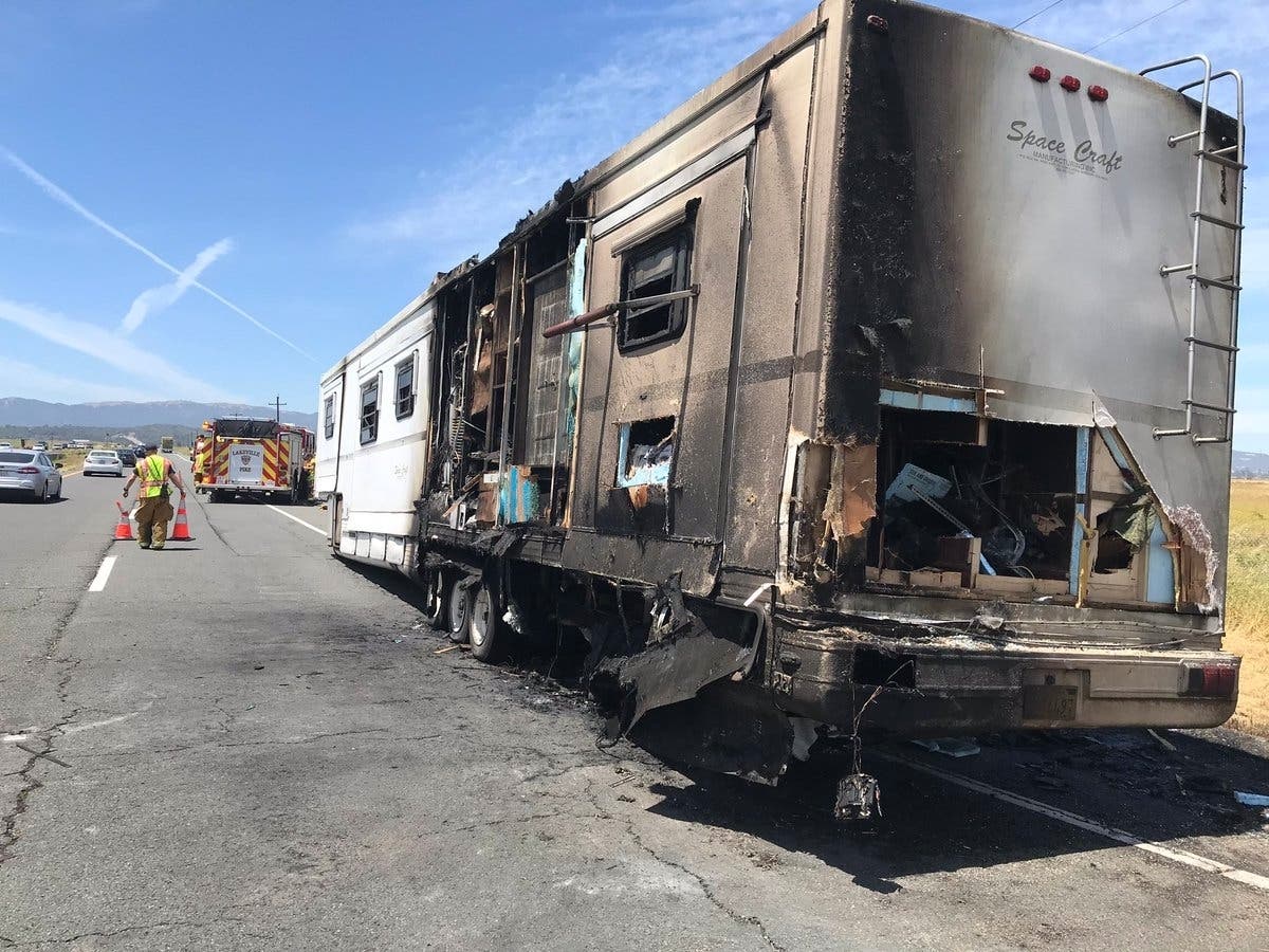 A 40-foot travel trailer caught fire and closed the westbound lanes of state Highway 37.