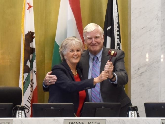 The San Diego County Board of Supervisors Tuesday unanimously approved Greg Cox as chairman, succeeding Dianne Jacob, during the governing body's first meeting of 2020.