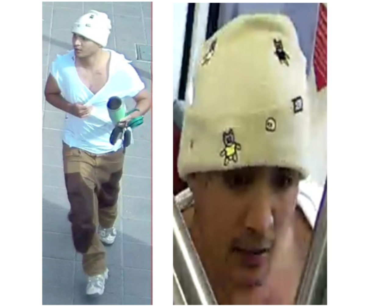 The suspect was described as a 28- to 32-year-old man, 5 feet 6 inches tall, and weighing 165 pounds. He was wearing a white beanie, white T-shirt, brown pants, and white sneakers. 