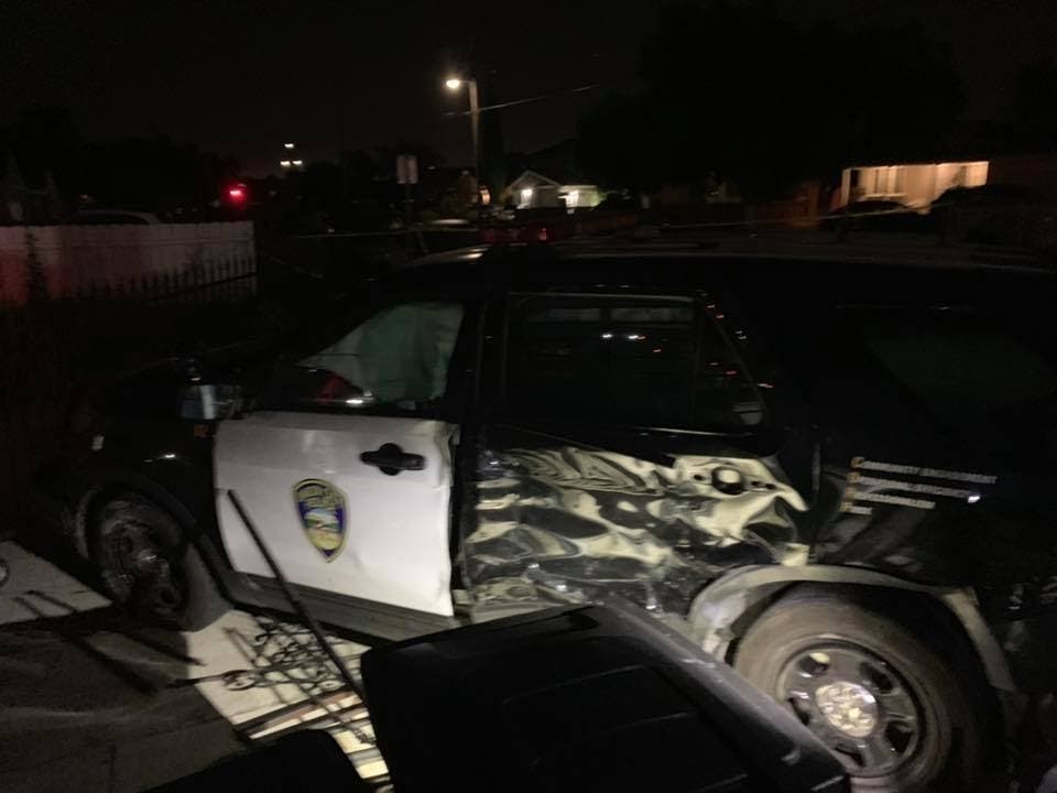 This police car was totaled when it was hit by a speeding car.
