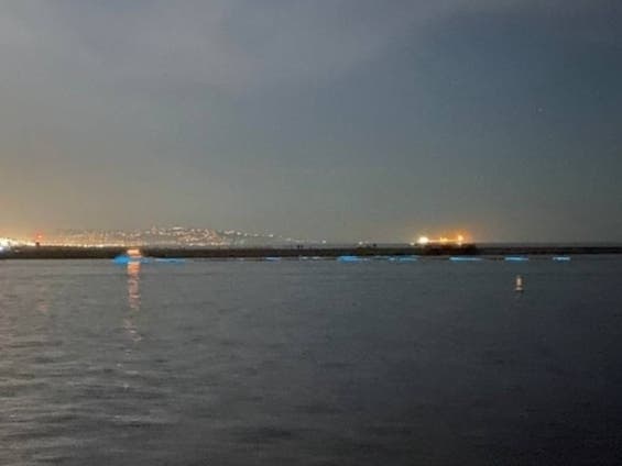 Electric blue waves roll in over the water in Marina del Rey. 