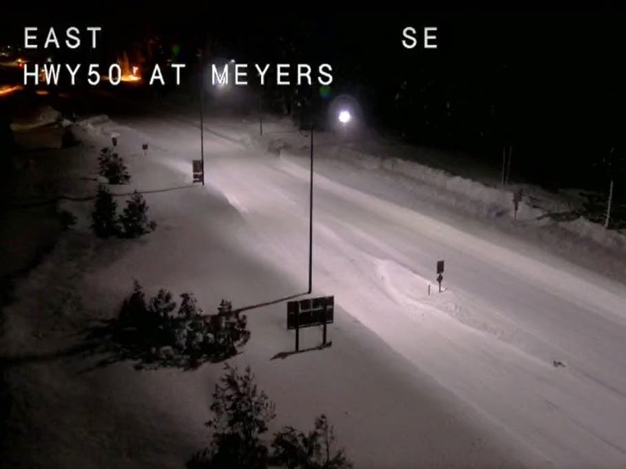 Image of U.S. Highway 50 in Meyers, California, late Monday night, Dec. 27, 2021.