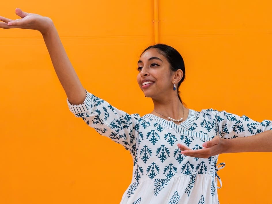 Reva Srivastava performs a Kathak piece in her garage studio in Fremont. 