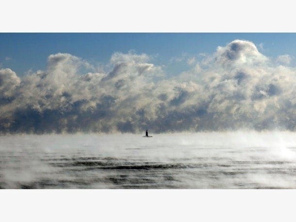 Water vapor glides over Lake Michigan in January 2019, when temps rose to -30 degrees. 