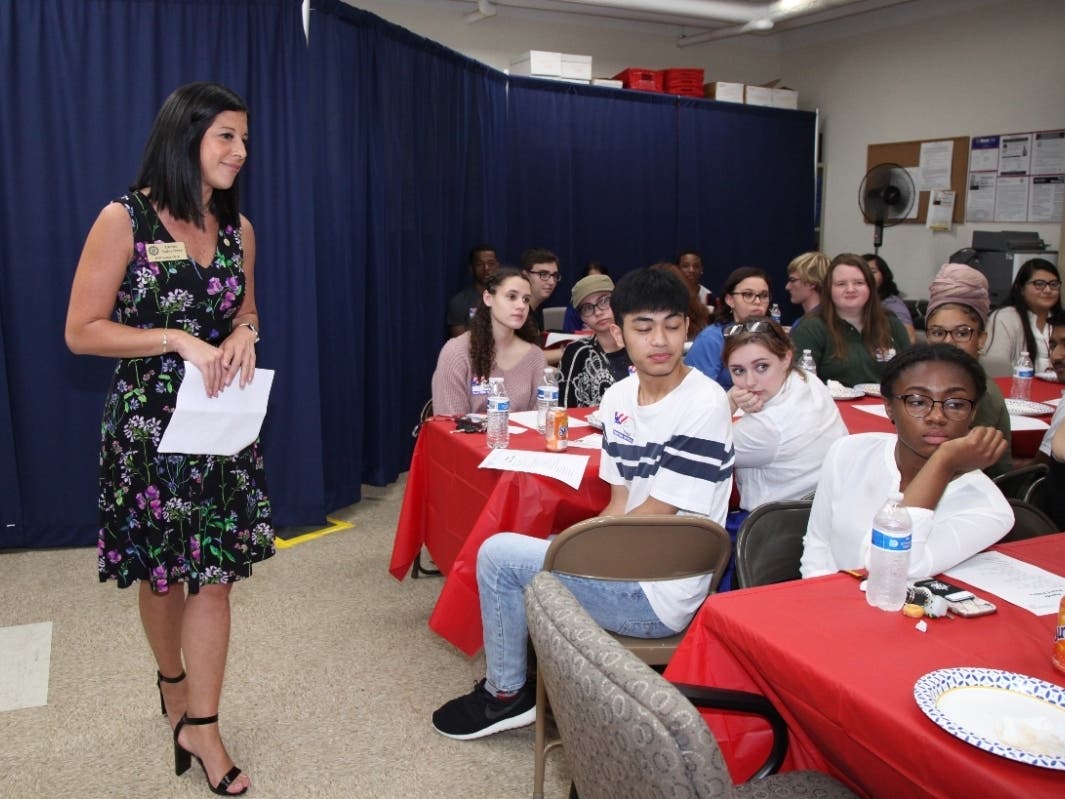 Will County Clerk Lauren Staley Ferry talks with juniors and seniors from 10 different high schools during the recent “Pizza and Politics” launch of her Student Ambassador Program.