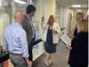 (Left to right) Representative Bob Morgan, Congressman Brad Schneider, Kathy Fielding, CEO of the Y, Senator Julie Morrison, and Debbie Madeley, Development Director, discuss future capital projects to enhance the facility at the NSYMCA.