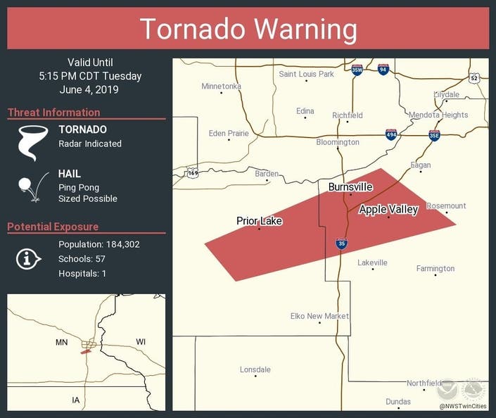 Tornado Warning Issued For Dakota County 'Take Cover Now' Burnsville