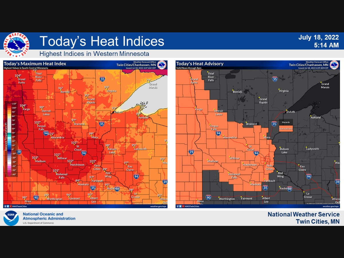 The National Weather Service has issued a heat advisory for all of the Twin Cities metro area and most of central Minnesota for Monday.