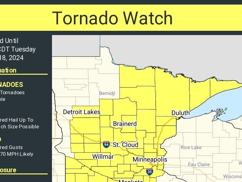 "A few tornados possible" Tuesday, along with scattered, large hail and wind gusts up to 70 mph, the watch states.