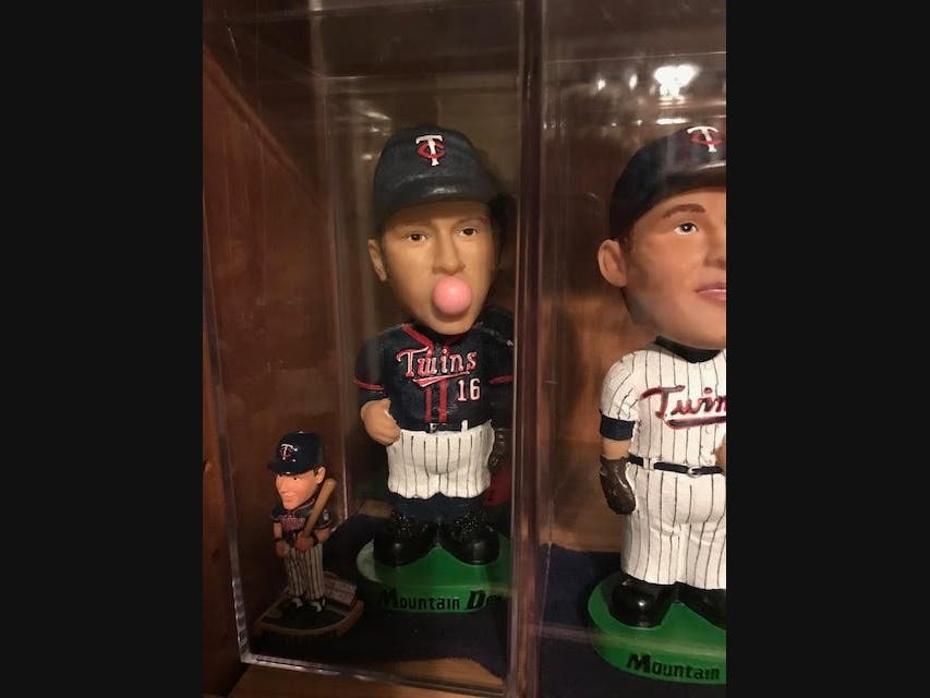 A Doug Mientkiewicz bobblehead, one of Rosemary Tarnowski's favorites, is shown in her Minnesota Twins collection.