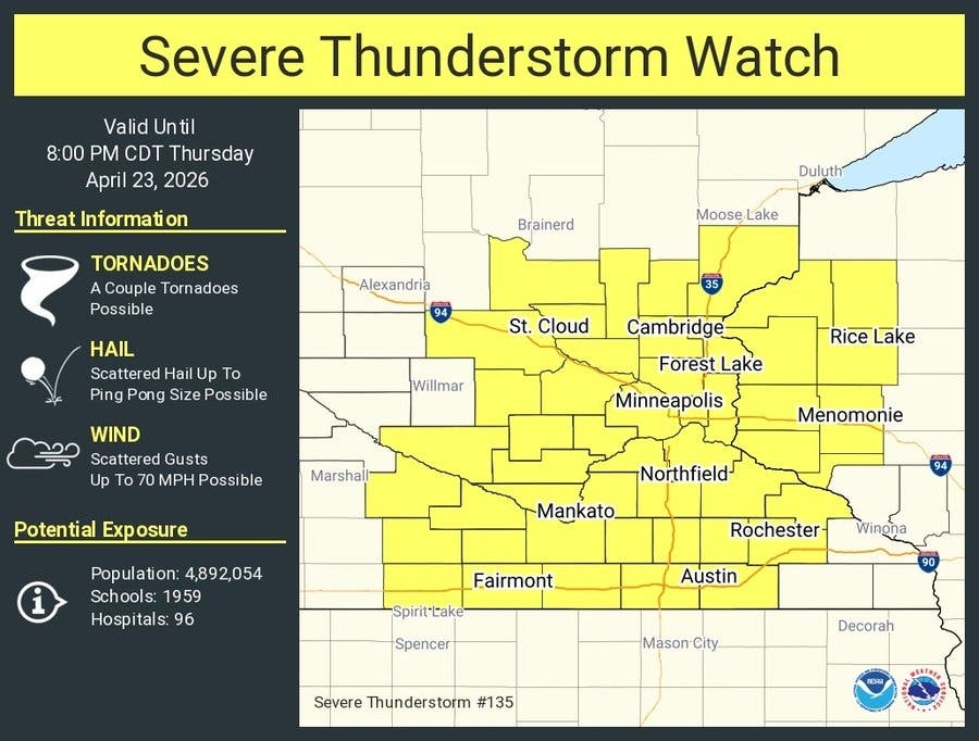 A severe thunderstorm watch has been issued for the Twin Cities and a large stretch of Minnesota as forecasters warn strong to severe storms could develop Thursday afternoon and evening.