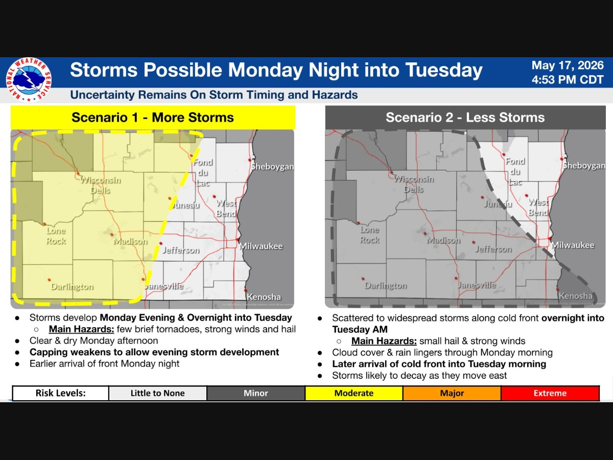 Southern Wisconsin could see more strong to severe thunderstorms Monday night into Tuesday morning after overnight storms move through the region, according to the National Weather Service.