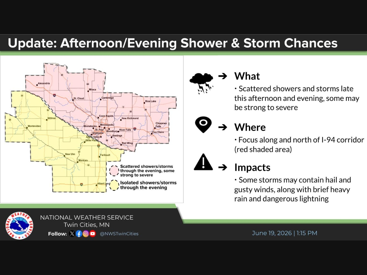 A Severe Thunderstorm Watch is in effect for the Twin Cities metro and surrounding counties until 8 p.m. Friday, as a line of storms sweeps through the region on a Friday evening.