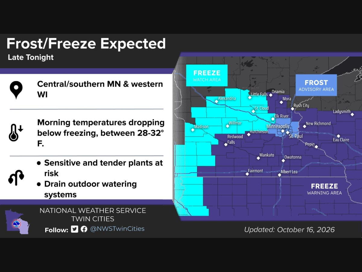 Frost and freezing temperatures are expected across much of Minnesota and western Wisconsin late Friday night into Saturday morning, according to the National Weather Service.